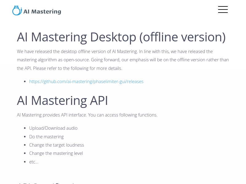 Screenshot of AIMastering API website