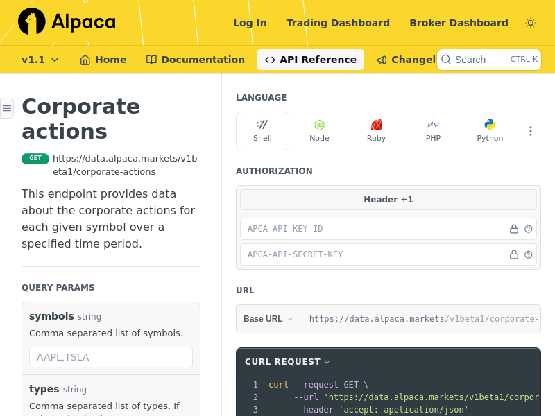 Screenshot of Alpaca Data API v2 website