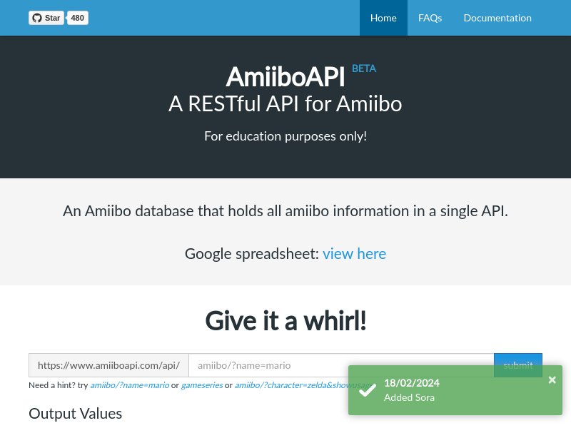 Screenshot of AmiiboAPI website