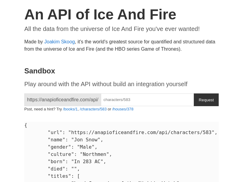 Screenshot of An API of Ice and Fire website