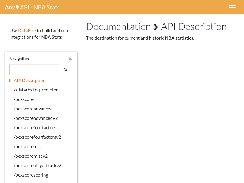 Screenshot of NBA API website