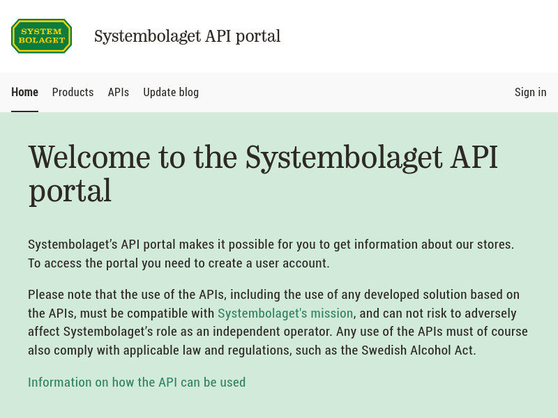 Screenshot of Systembolaget's E-commerce API website