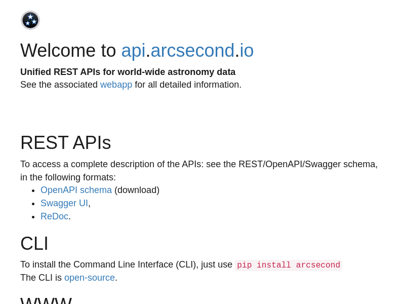 Screenshot of Arcsecond API website