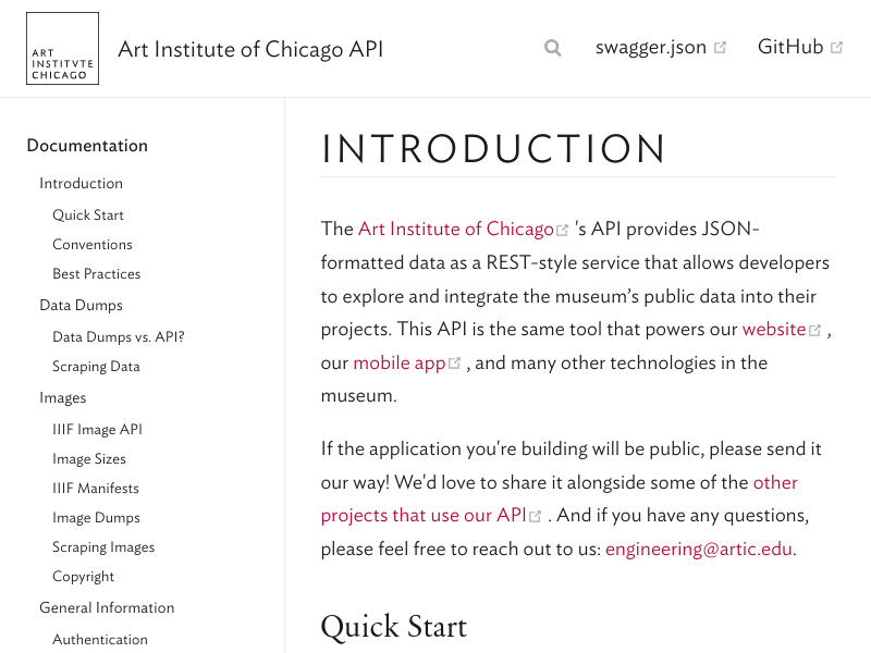 Screenshot of Art Institute of Chicago API website