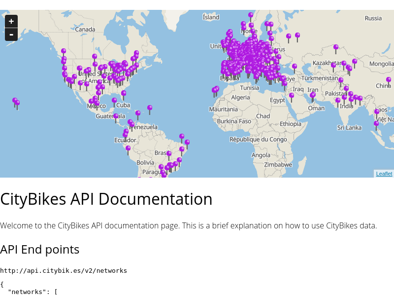 Screenshot of CityBikes API website