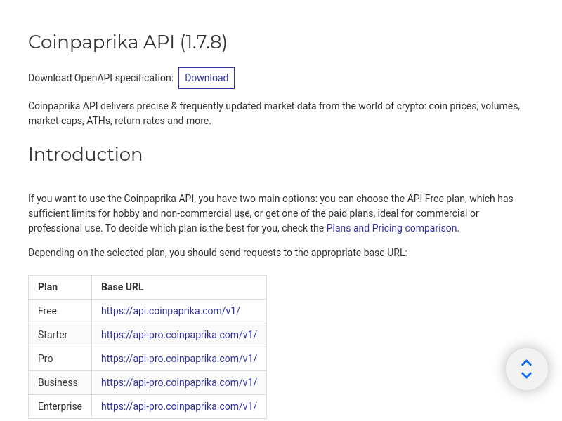 Screenshot of Coinpaprika API website
