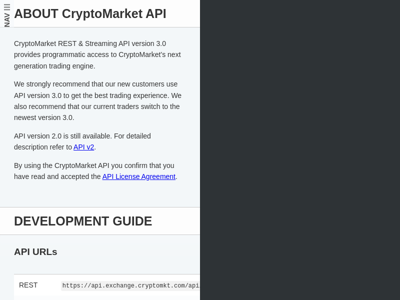Screenshot of CryptoMarket Exchange API website
