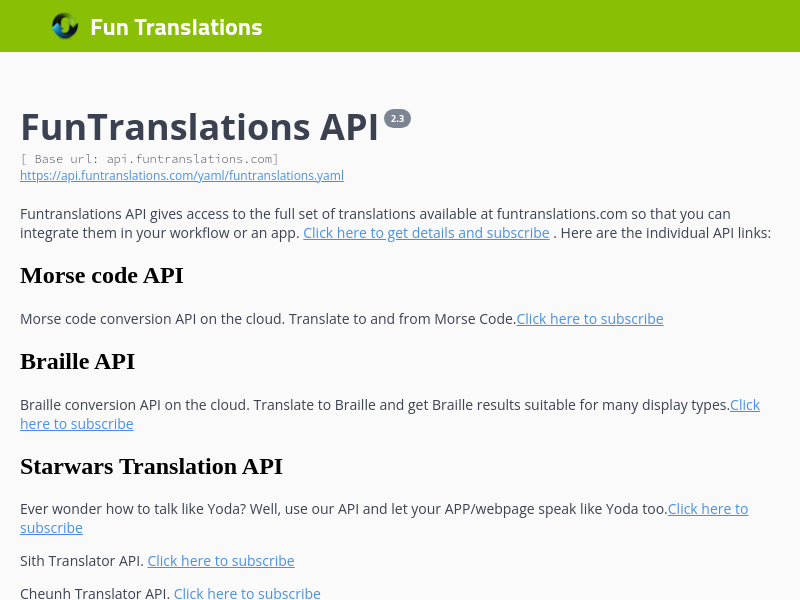 Screenshot of Fun Translations API website