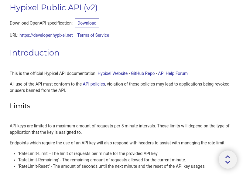 Screenshot of Hypixel API website
