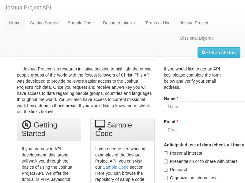 Screenshot of Joshua Project API website