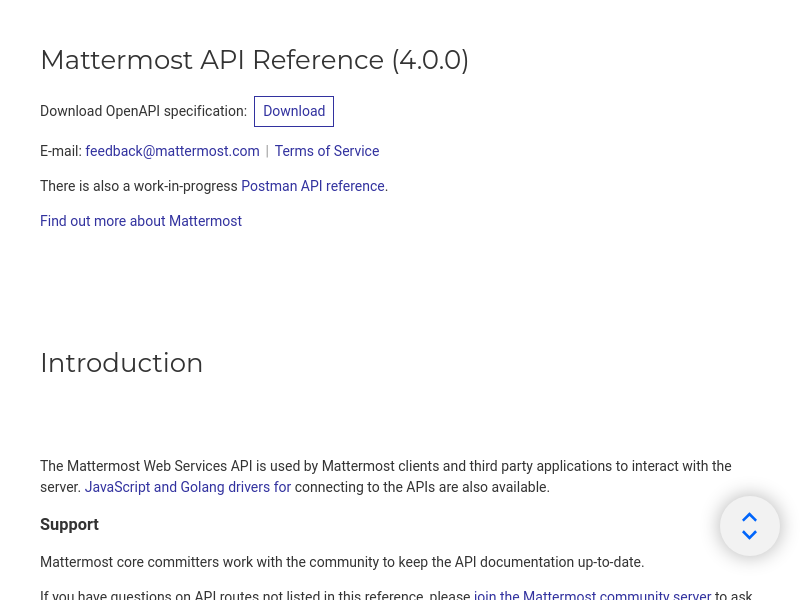 Screenshot of Mattermost API website
