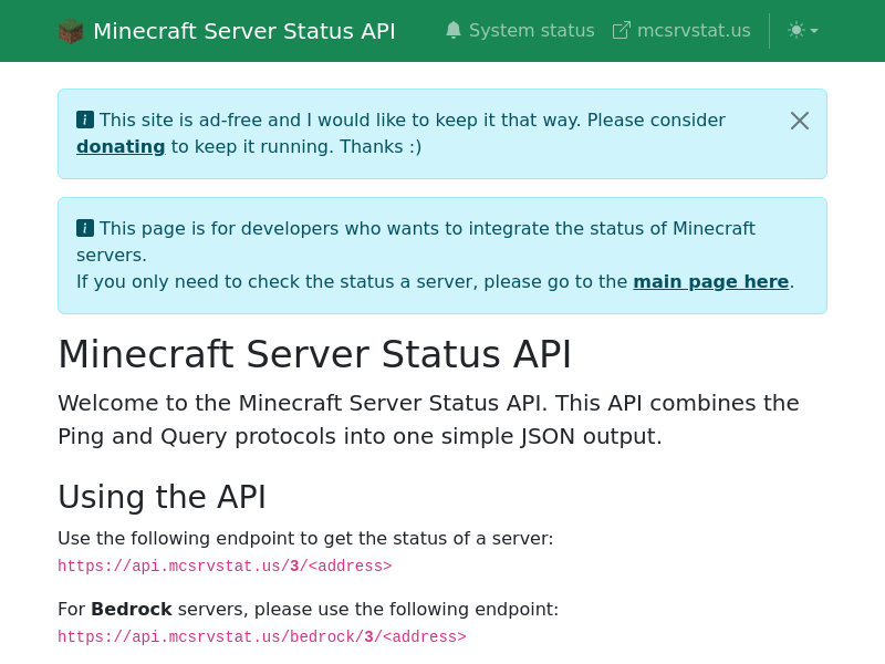 Screenshot of MCSRVStat API website