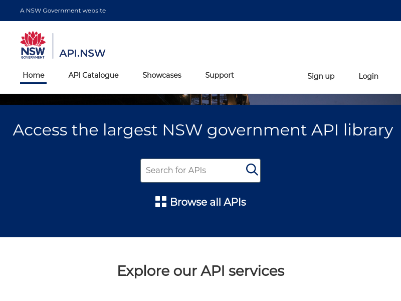 Screenshot of NSW Government Open Data API website