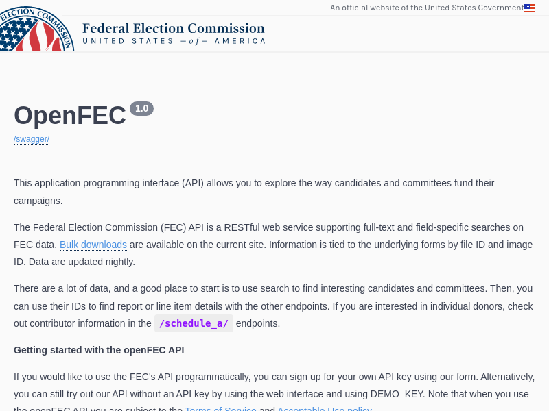 Screenshot of OpenFEC API website