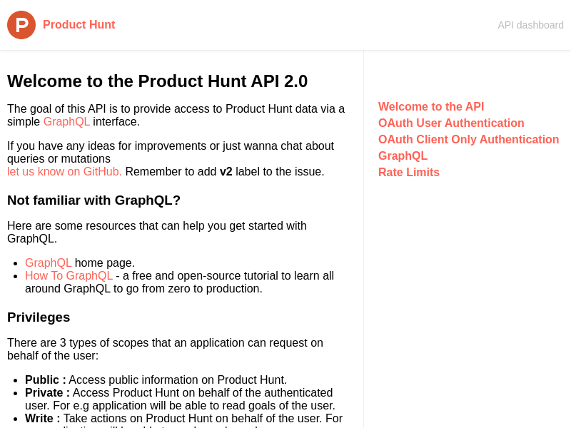Screenshot of Product Hunt API website