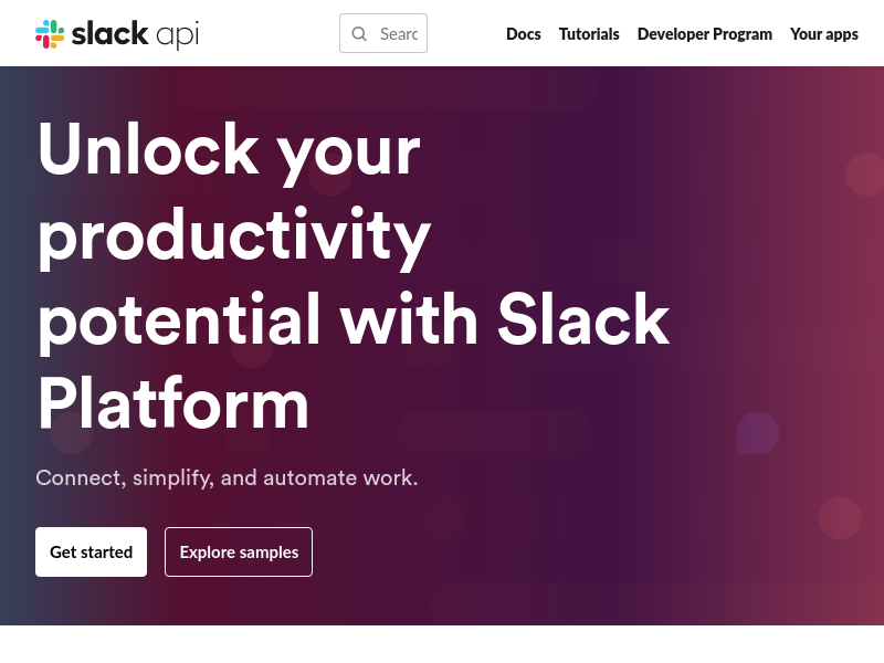 Screenshot of Slack API website