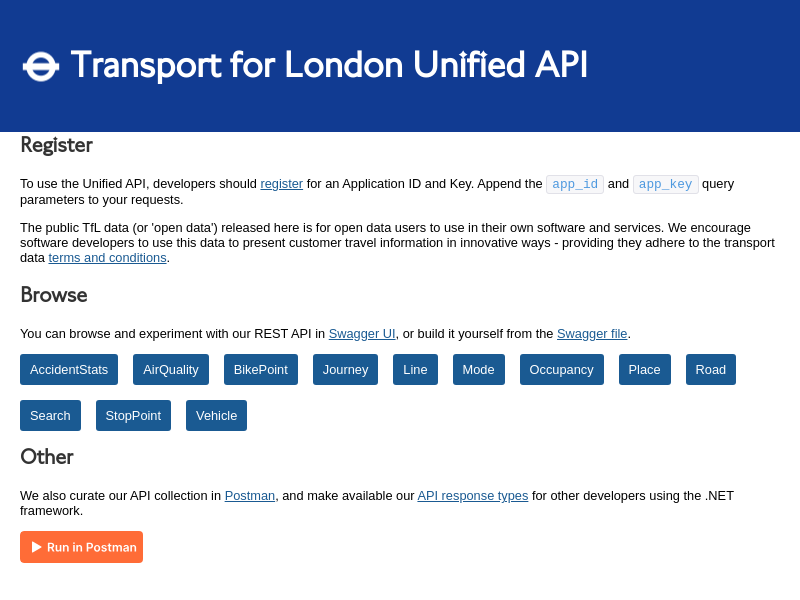 Screenshot of TFL API website