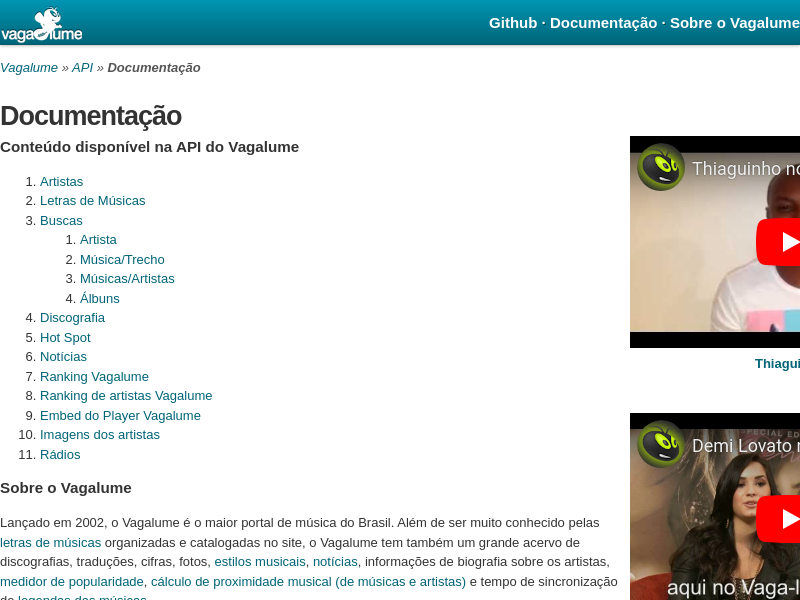 Screenshot of Vagalume API website