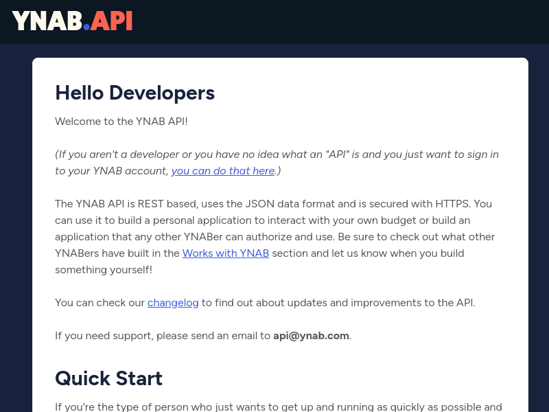 Screenshot of You Need a Budget API website