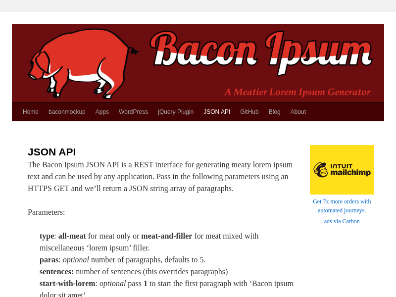 Screenshot of Bacon Ipsum API website