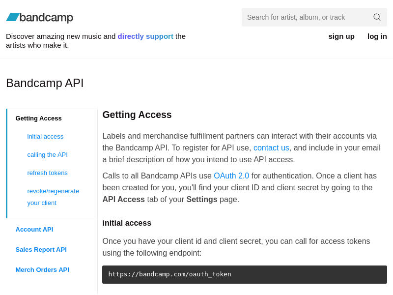 Screenshot of Bandcamp API website