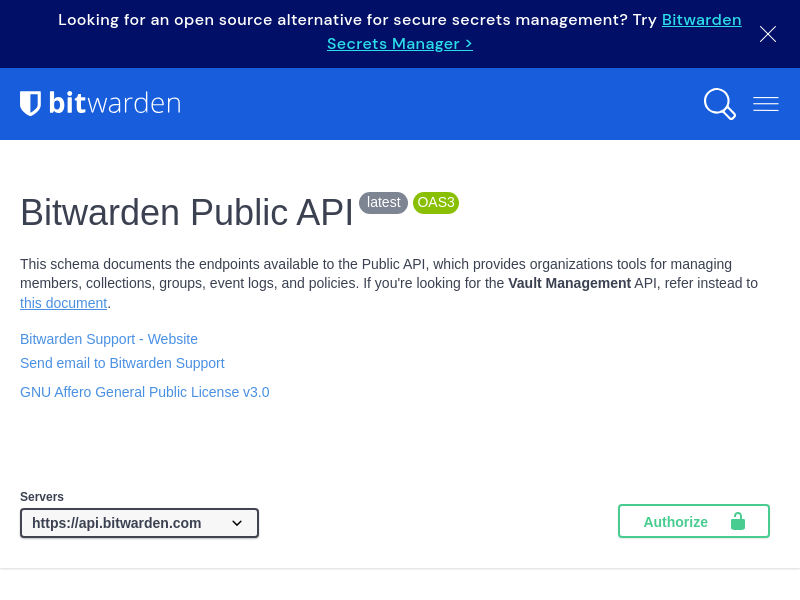 Screenshot of Bitwarden API website