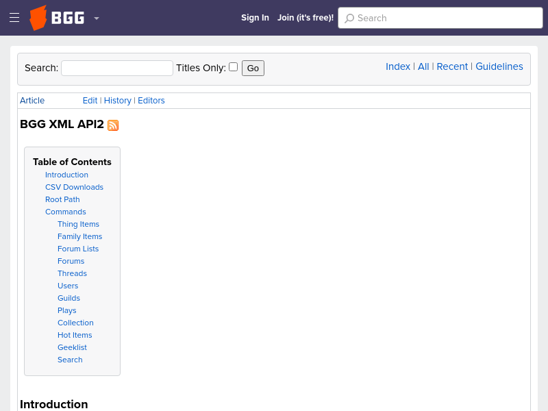 Screenshot of BGG XML API2 website