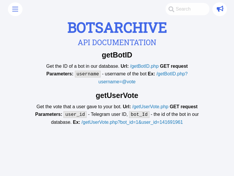 Screenshot of Bots Archive website