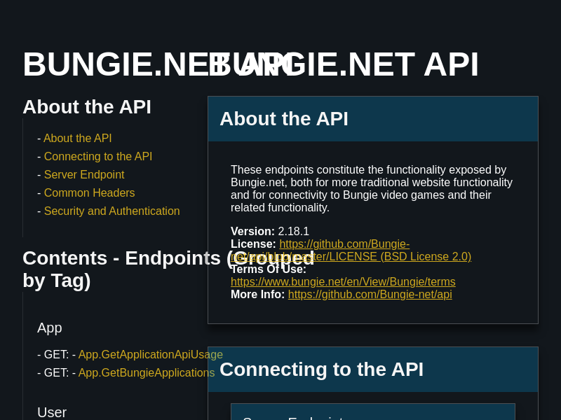 Screenshot of Bungie.net Platform API website
