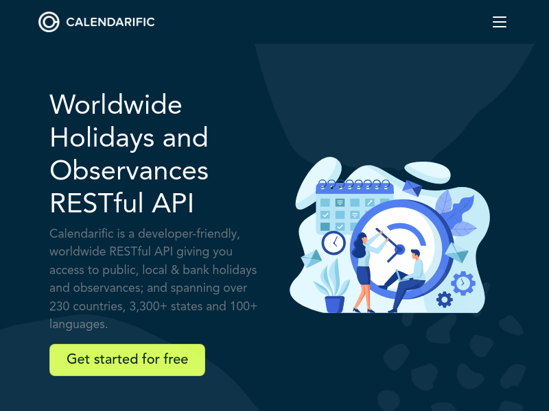 Screenshot of Calendarific API website