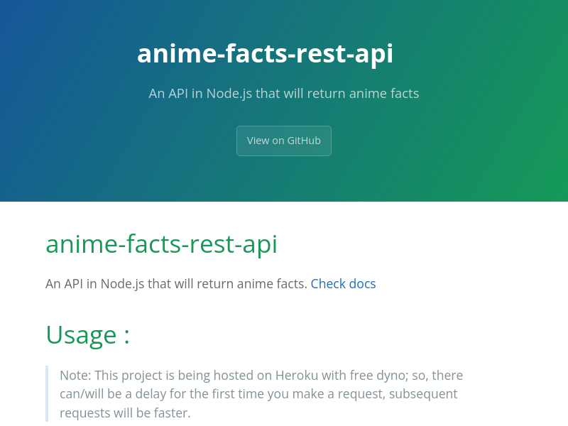 Screenshot of Anime Facts REST API website