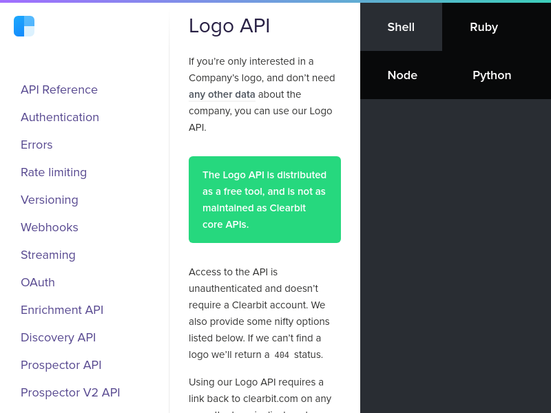 Screenshot of Clearbit Logo API website