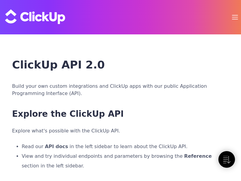 Screenshot of ClickUp API website