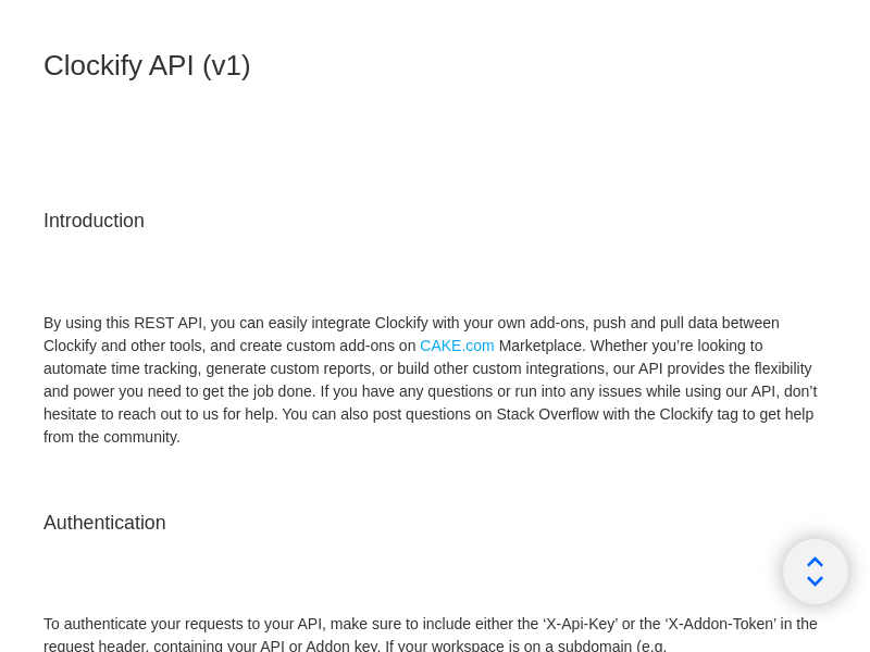 Screenshot of Clockify API website