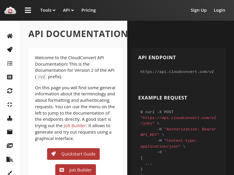 Screenshot of CloudConvert API website