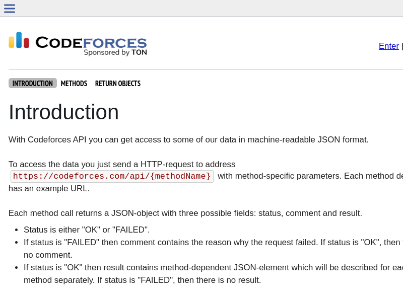Screenshot of Codeforces API website