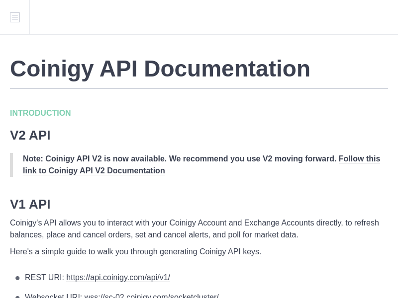 Screenshot of Coinigy API website