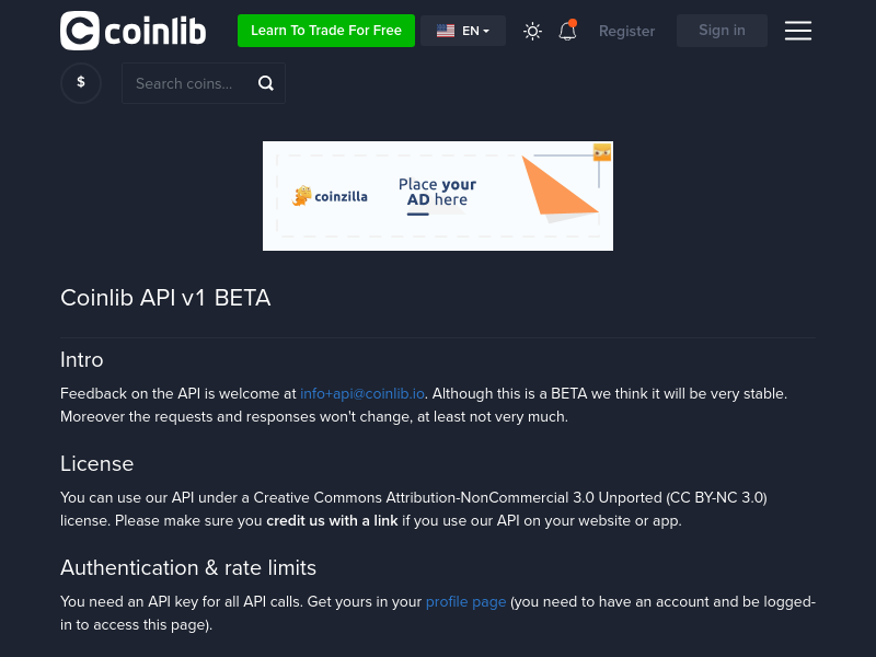 Screenshot of Coinlib API website