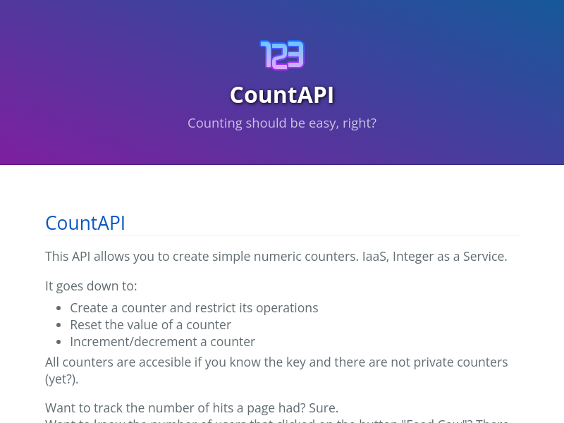Screenshot of CountAPI website
