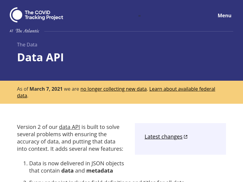 Screenshot of COVID Tracking Project API website