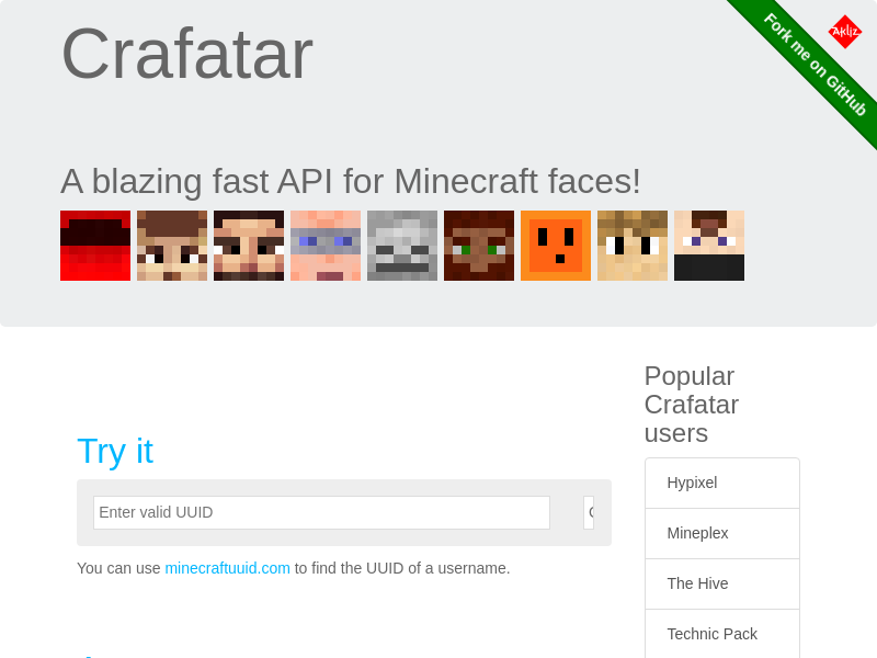 Screenshot of Crafatar website