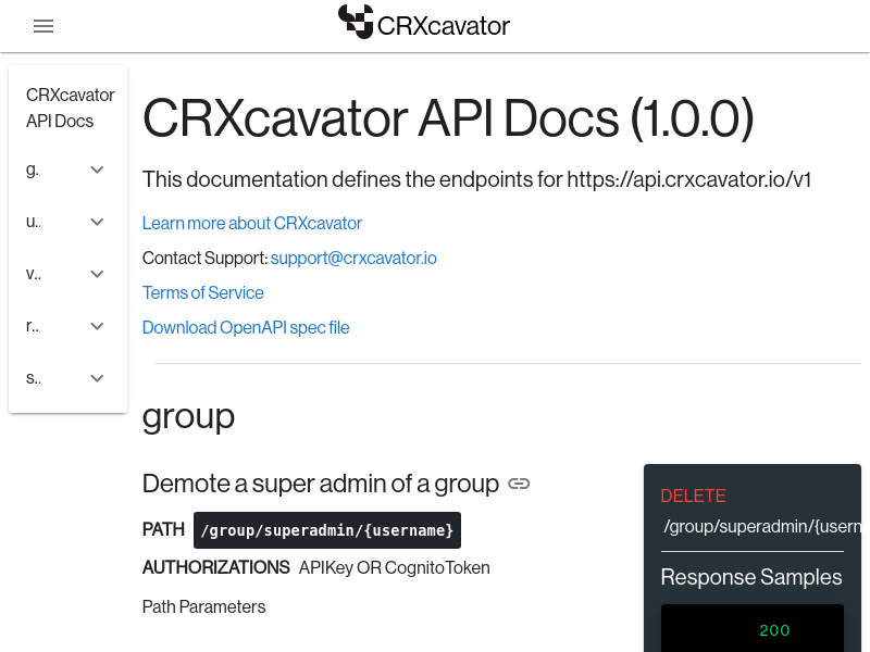 Screenshot of Crxcavator API website