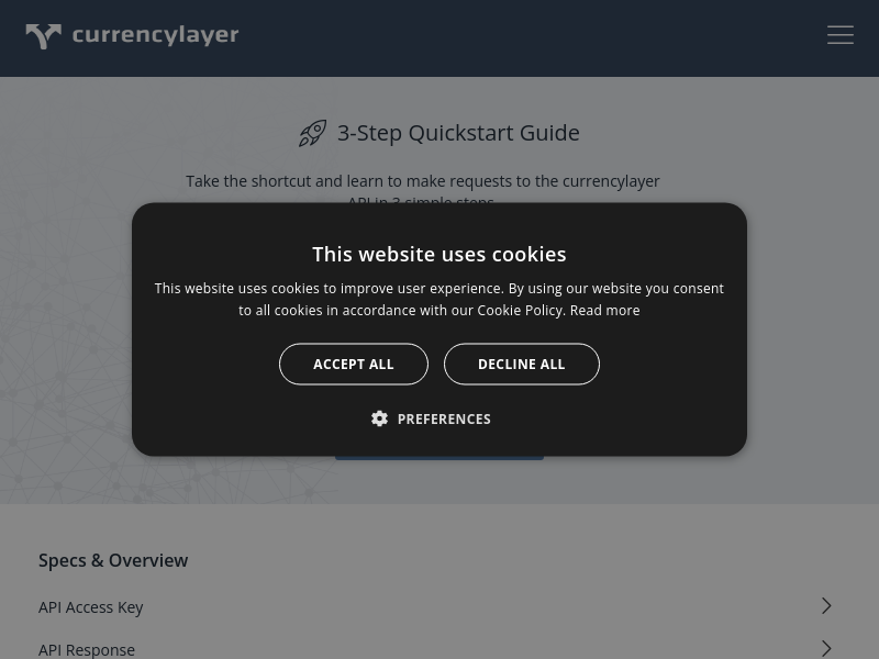 Screenshot of Currencylayer API website