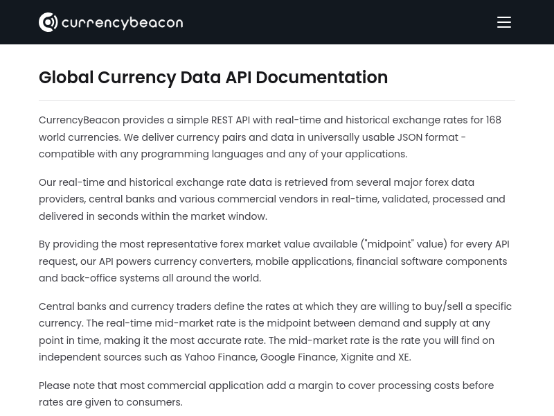 Screenshot of CurrencyScoop API website