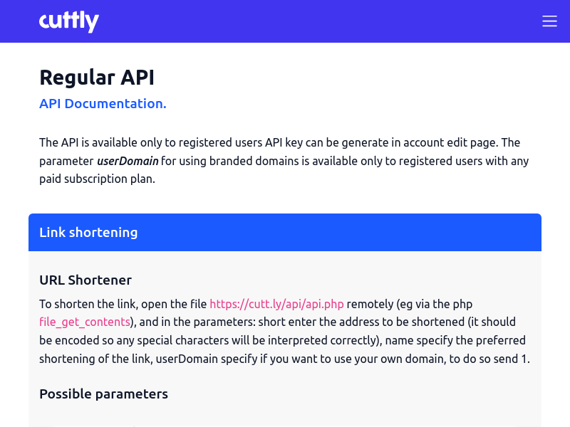 Screenshot of Cuttly links API website