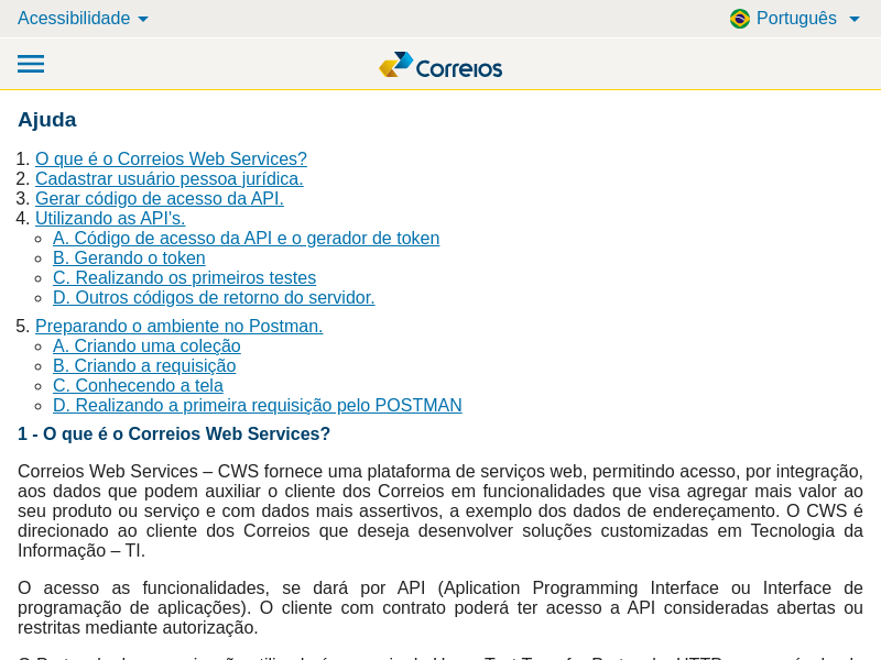 Screenshot of Correios API website