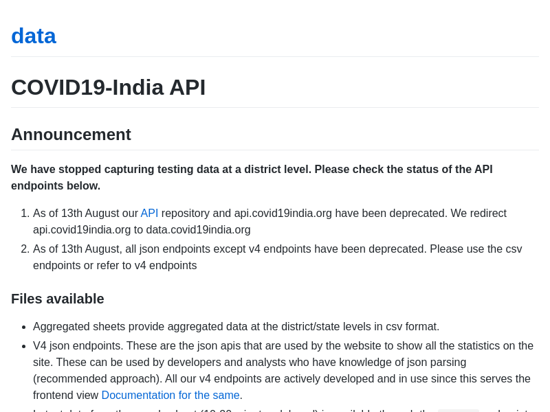 Screenshot of Covid19 India API website