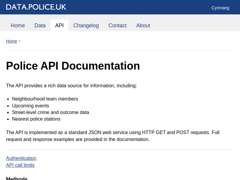 Screenshot of Police API website