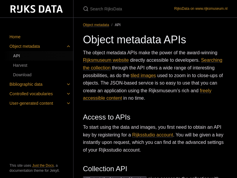 Screenshot of The Rijksmuseum API website