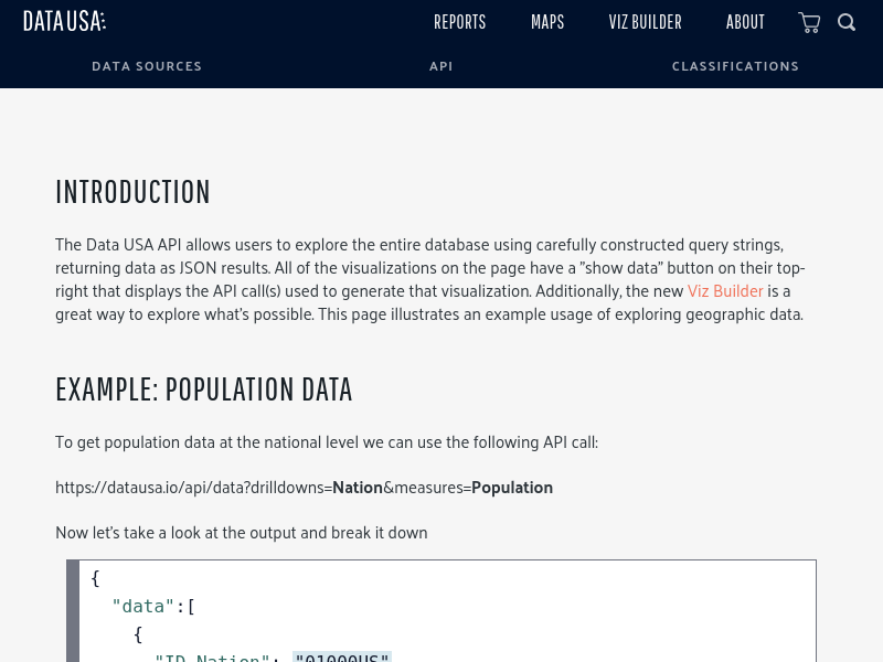 Screenshot of DataUSA API website